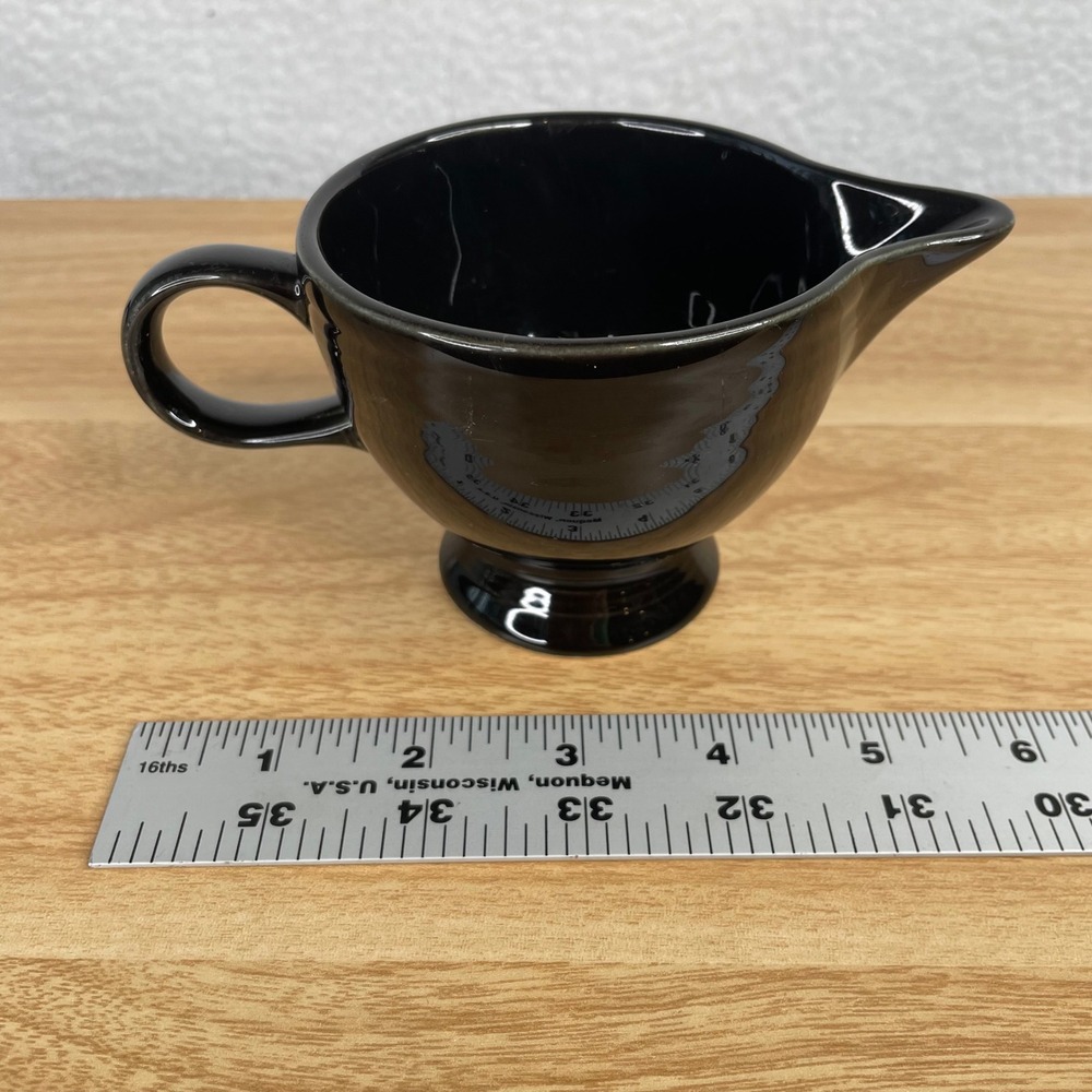 Vintage Black Ceramic Footed Creamer Pitcher Glossy Small Milk Jug 4.5in